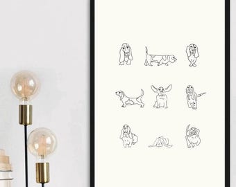 Basset Hound dog drawing dog art mom, Basset Hound painting single line drawing, Basset Hound gift for owner mom, dog mom Basset hound breed