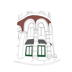 May include: A black and white line drawing of a building with two arched windows and a storefront. The storefront has two green doors with the text "Beecher's" above each door.