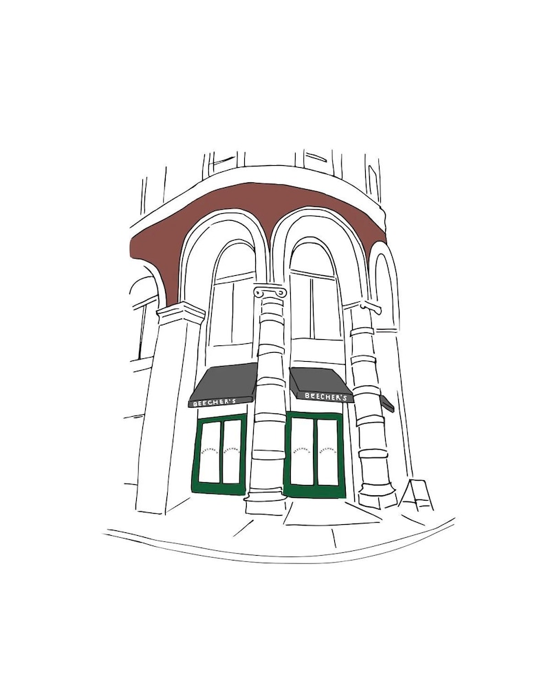 May include: A black and white line drawing of a building with two arched windows and a storefront. The storefront has two green doors with the text "Beecher's" above each door.