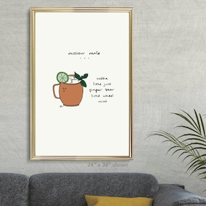 Moscow Mule bar cart poster print, Moscow Mule gift for bartender mixologist, Home bar decor hand drawn drawing painting, Mule mug artwork