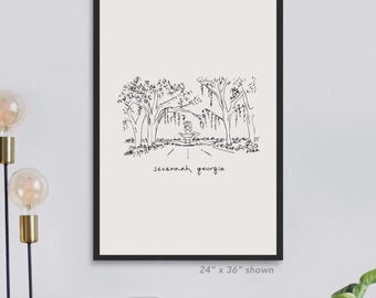 Savannah GA Print postcard, Georgia Wall Art Poster Minimalist Savannah tourist spot, travel keepsake southern painting cityscape hometown