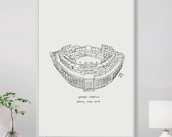 May include: A black and white line drawing of Yankee Stadium in the Bronx, New York. The drawing shows the stadium's exterior and the field inside. The text "Yankee Stadium" and "Bronx, New York" is written below the drawing. The drawing is framed in a white frame. The size of the drawing is 24 inches by 36 inches.