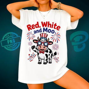 Rosso, Bianco e Mucca 4 luglio PNG, Design di maglietta patriottica con mucca dei cartoni animati, Divertente Giorno dell'Indipendenza per bambini