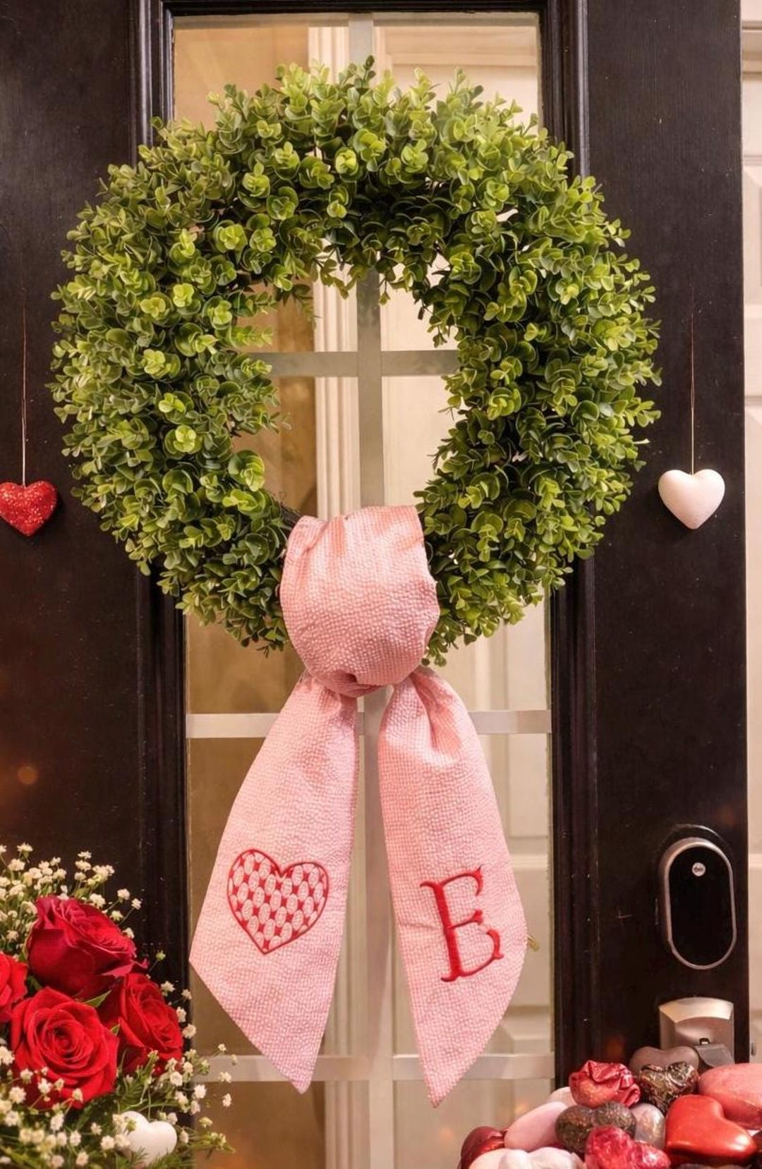 Valentine’s Day Wreath Sash with pink Gingham Bow – Door Wreath sash /scarf