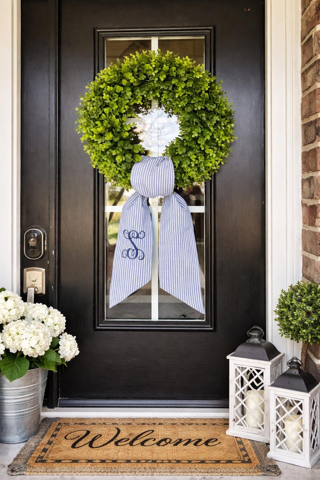 Blue Striped Wreath Scarf – Personalized Monogrammed Fabric Sash for Wreath & Door Decor