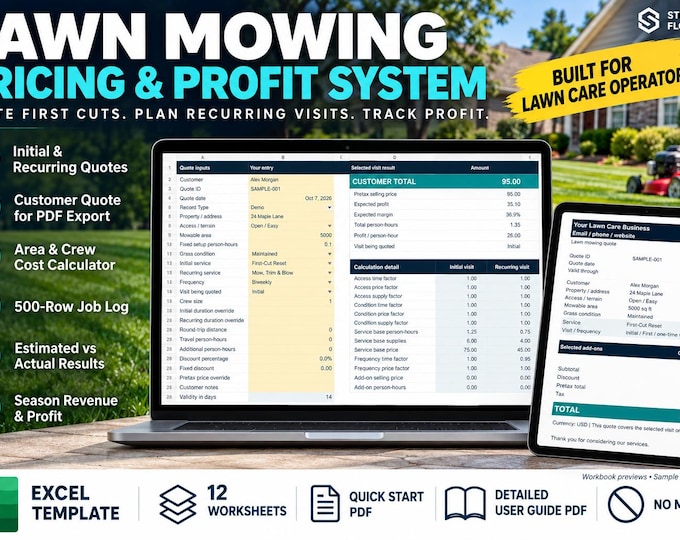 Lawn Mowing Pricing Calculator Excel Template | Quote, Profit & Recurring Visit Tracker