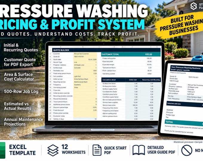 Pressure Washing Pricing Calculator Excel Template | Quote, Job Costing & Profit Tracker