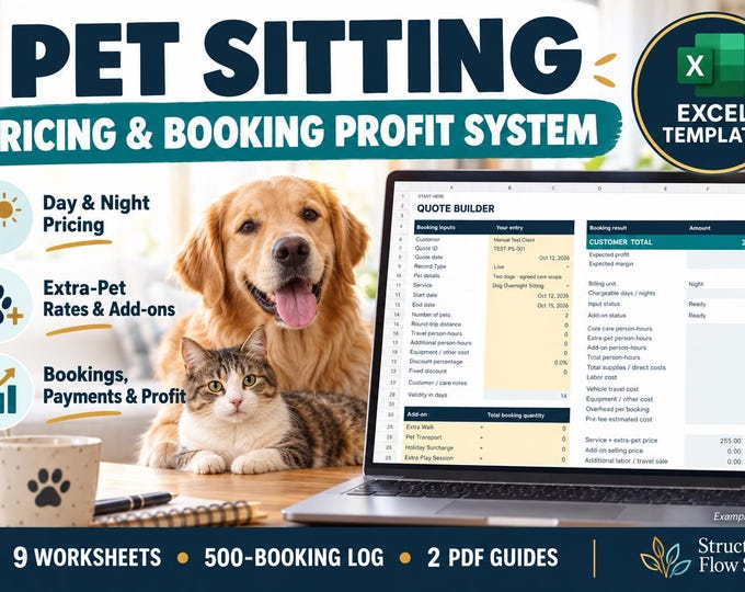 Pet Sitting Pricing Calculator Excel Template | Booking, Job Costing & Profit Tracker