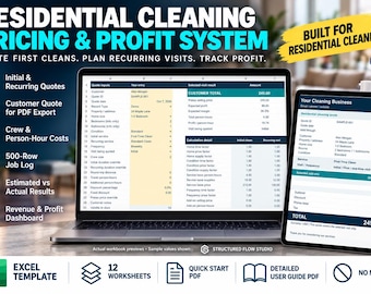 Residential Cleaning Pricing Calculator Excel Template, Initial & Recurring Quotes, Profit Tracker and Dashboard