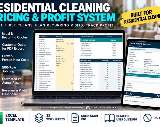 Residential Cleaning Pricing Calculator Excel Template, Initial & Recurring Quotes, Profit Tracker and Dashboard