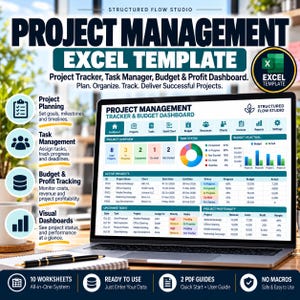 May include: A laptop screen displays a Project Management Excel Template with a dashboard showing project status, task tracking, and budget data. The interface includes charts, tables, and navigation icons. Text includes Structured Flow Studio and Project Management Excel Template.