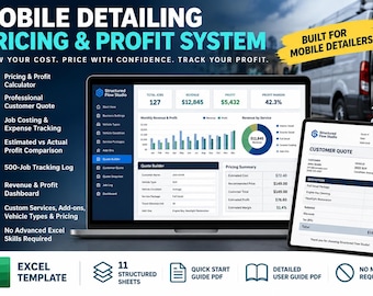 Mobile Detailing Pricing Calculator Excel Template | Quotes, Job Costs & Profit Dashboard