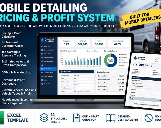 Mobile Detailing Pricing Calculator Excel Template | Quotes, Job Costs & Profit Dashboard
