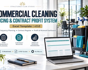 Commercial Cleaning Pricing Calculator Excel Template, Contract Profit Tracker, Quote Builder & Business Dashboard