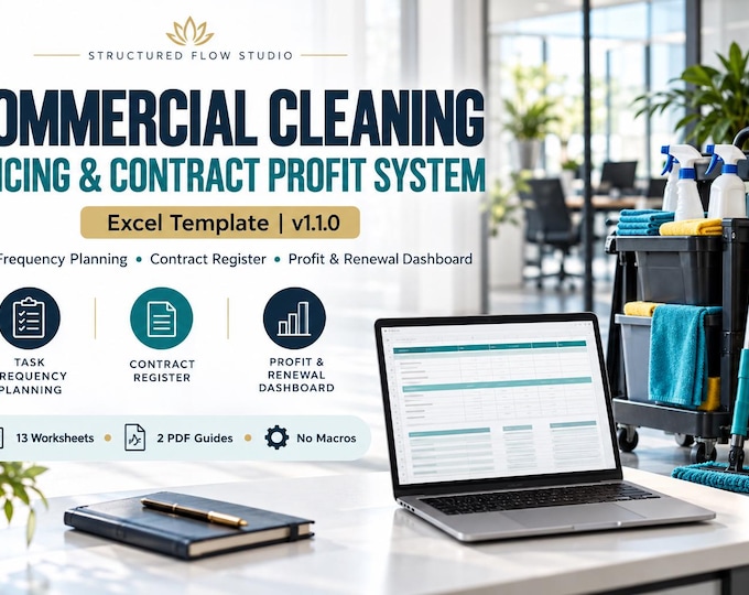Commercial Cleaning Pricing Calculator Excel Template, Contract Profit Tracker, Quote Builder & Business Dashboard