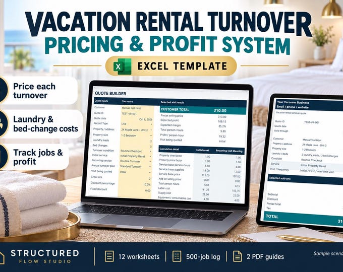 Vacation Rental Cleaning Excel Template, Turnover Pricing Calculator, Profit Tracker & Guest Readiness Checklist