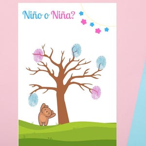 Gender Reveal Niño o Niña Raadstabel | Vingerafdruk, verf, direct downloaden, afdrukbaar, jongen of meisje, hij of zij, Spaans, geslacht raden