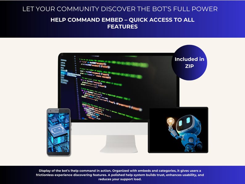 Op de afbeelding: Afbeelding met een computermonitor met code, een smartphone met een printplaatgrafiek en een klein scherm met een blauwe robot met een gloeilamp. Tekst luidt: "LET YOUR COMMUNITY DISCOVER THE BOT'S FULL POWER" en "HELP COMMAND EMBED - QUICK ACCESS TO ALL FEATURES."