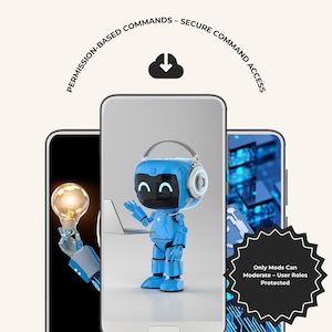 K&ouml;nnte beinhalten: Drei Smartphones mit Illustrationen. Das mittlere Telefon zeigt einen blauen Roboter mit Kopfh&ouml;rern und Laptop. Das linke Telefon zeigt einen Roboter, der eine Gl&uuml;hbirne h&auml;lt. Das rechte Telefon hat ein Leiterplattendesign. Text: PERMISSION-BASED COMMANDS - SECURE COMMAND ACCESS.