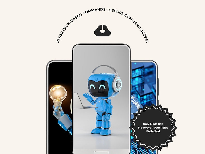 K&ouml;nnte beinhalten: Drei Smartphones mit Illustrationen. Das mittlere Telefon zeigt einen blauen Roboter mit Kopfh&ouml;rern und Laptop. Das linke Telefon zeigt einen Roboter, der eine Gl&uuml;hbirne h&auml;lt. Das rechte Telefon hat ein Leiterplattendesign. Text: PERMISSION-BASED COMMANDS - SECURE COMMAND ACCESS.