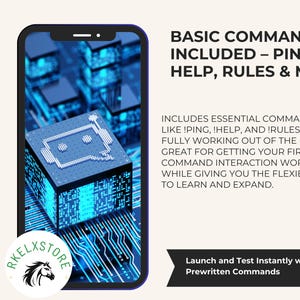 Op de afbeelding: Een smartphone toont een digitale illustratie van een kubus met een robotgezicht, tegen een blauwe printplaat achtergrond. Tekst: "BASIS COMMANDO'S INBEGREPEN - PING, HELP, RULES & MEER." De afbeelding promoot voorgeschreven commando's.
