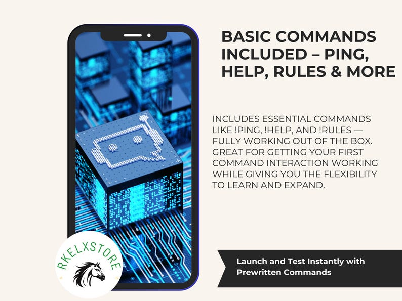 Op de afbeelding: Een smartphone toont een digitale illustratie van een kubus met een robotgezicht, tegen een blauwe printplaat achtergrond. Tekst: "BASIS COMMANDO'S INBEGREPEN - PING, HELP, RULES & MEER." De afbeelding promoot voorgeschreven commando's.