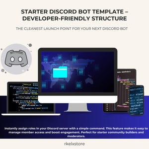 Peut inclure: Image d'un modèle de bot Discord avec une structure conviviale pour les développeurs. La conception comprend un ordinateur, un ordinateur portable et des appareils mobiles affichant du code et une carte du monde. Le texte comprend "STARTER DISCORD BOT TEMPLATE".