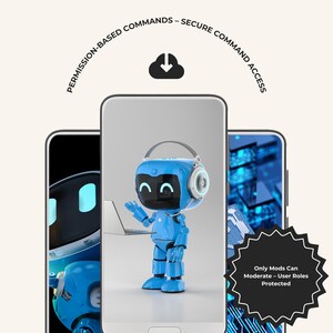May include: Three smartphones displaying a blue robot with a laptop, and abstract blue digital designs. Text above reads "PERMISSION-BASED COMMANDS - SECURE COMMAND ACCESS." A black starburst graphic reads "Only Mods Can Moderate - User Roles Protected."