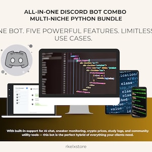 Puede incluir: Anuncio de un combo de bot de Discord todo en uno, paquete Python multi-nicho. La imagen muestra un monitor de computadora, una tableta y un teléfono inteligente que muestran código y la interfaz de Discord. El texto incluye "ONE BOT. FIVE POWERFUL FEATURES. LIMITLESS USE CASES."