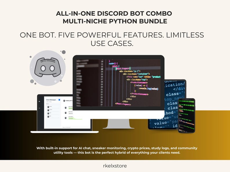 K&ouml;nnte beinhalten: Werbung f&uuml;r ein All-in-One Discord Bot Combo, Multi-Nischen-Python-Bundle. Das Bild zeigt einen Computermonitor, ein Tablet und ein Smartphone, die Code und die Discord-Oberfl&auml;che anzeigen. Der Text lautet: "ONE BOT. FIVE POWERFUL FEATURES. LIMITLESS USE CASES."