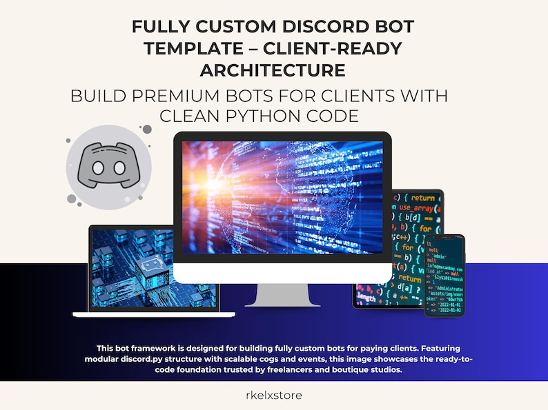 May include: Image showcasing a Discord bot template with client-ready architecture. The design features multiple screens displaying code, with the text "FULLY CUSTOM DISCORD BOT TEMPLATE - CLIENT-READY ARCHITECTURE". The image also includes the Discord logo.
