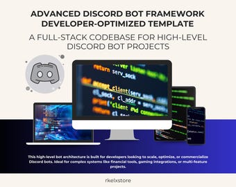 May include: An advertisement for a Discord bot framework. The image shows a desktop computer, a laptop, and a smartphone displaying code. The text reads "ADVANCED DISCORD BOT FRAMEWORK DEVELOPER-OPTIMIZED TEMPLATE". The architecture is for developers looking to scale and optimize Discord bots.