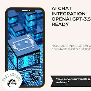 K&ouml;nnte beinhalten: Ein Smartphone zeigt eine digitale Illustration einer blauen Leiterplatte mit einer w&uuml;rfelf&ouml;rmigen Grafik. Der Text auf dem Bildschirm lautet "AI CHAT INTEGRATION - OPENAI GPT-3.5/4 READY." Zus&auml;tzlicher Text lautet "NATURAL CONVERSATION WITH COMMAND-BASED CHATGPT."