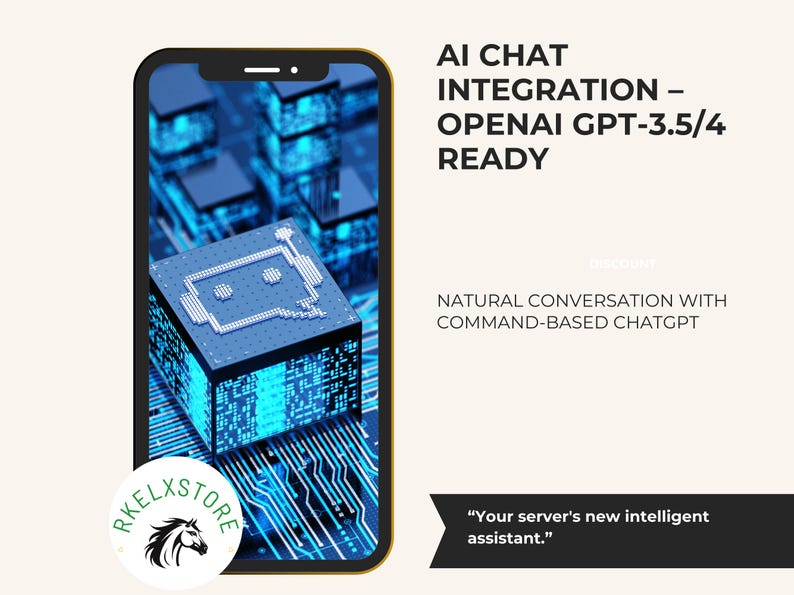 K&ouml;nnte beinhalten: Ein Smartphone zeigt eine digitale Illustration einer blauen Leiterplatte mit einer w&uuml;rfelf&ouml;rmigen Grafik. Der Text auf dem Bildschirm lautet "AI CHAT INTEGRATION - OPENAI GPT-3.5/4 READY." Zus&auml;tzlicher Text lautet "NATURAL CONVERSATION WITH COMMAND-BASED CHATGPT."