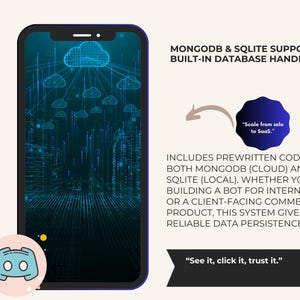 May include: A smartphone displays a digital cityscape with cloud graphics, accompanied by text: "MONGODB & SQLITE SUPPORT - BUILT-IN DATABASE HANDLERS." Additional text includes "Scale from solo to SaaS." and "See it, click it, trust it."