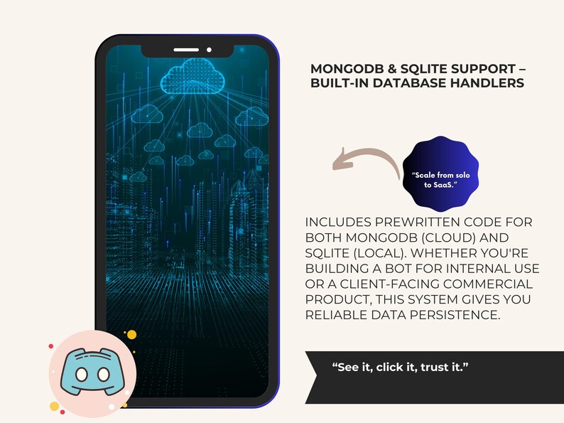 May include: A smartphone displays a digital cityscape with cloud graphics, accompanied by text: "MONGODB & SQLITE SUPPORT - BUILT-IN DATABASE HANDLERS." Additional text includes "Scale from solo to SaaS." and "See it, click it, trust it."
