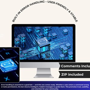 Op de afbeelding: Een computermonitor en tablet tonen een digitale interface met een bot-pictogram. De tekst "BUILT-IN ERROR HANDLING - USER-FRIENDLY & STABLE" staat boven de monitor. De afbeelding bevat ook de tekst "Comments Included" en "ZIP included".