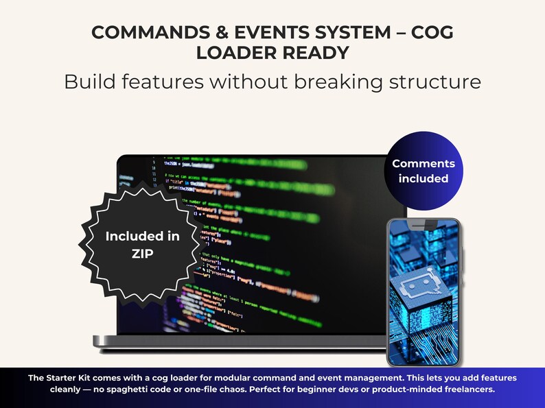 Op de afbeelding: Een laptop en smartphone tonen code, met de tekst "COMMANDS & EVENTS SYSTEM - COG LOADER READY." De afbeelding bevat de tekst "Included in ZIP" en "Comments included." De tekst onderaan luidt "Build features without breaking structure."