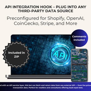 May include: Image showcasing an API integration tool. The text highlights preconfiguration for Shopify, OpenAI, CoinGecko, and Stripe. A laptop and smartphone display code, with a circular "API" logo. The text "Included in ZIP" is also visible.