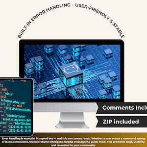 K&ouml;nnte beinhalten: Ein Computermonitor und ein Tablet zeigen eine digitale Oberfl&auml;che mit Code und einem Leiterplattendesign. Der Text enth&auml;lt "Built-in Error Handling - User-Friendly & Stable", "Comments Included" und "ZIP included".