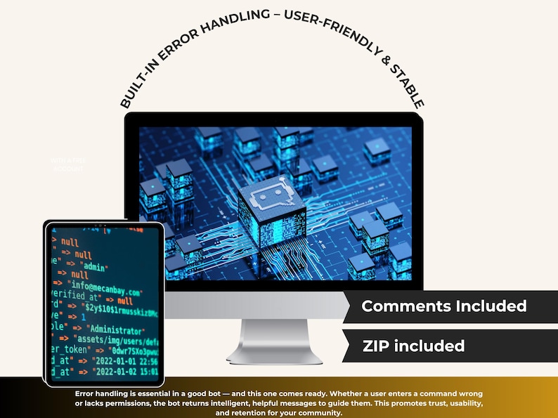 K&ouml;nnte beinhalten: Ein Computermonitor und ein Tablet zeigen eine digitale Oberfl&auml;che mit Code und einem Leiterplattendesign. Der Text enth&auml;lt "Built-in Error Handling - User-Friendly & Stable", "Comments Included" und "ZIP included".
