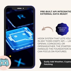 Op de afbeelding: Een smartphone toont een blauwe afbeelding met de tekst "Make your bot smarter in minutes." De afbeelding bevat ook de tekst "PRE-BUILT API INTEGRATION HOOK - EXTERNAL DATA READY" en "Easily Add Weather, Crypto, or AI Data Fetching."