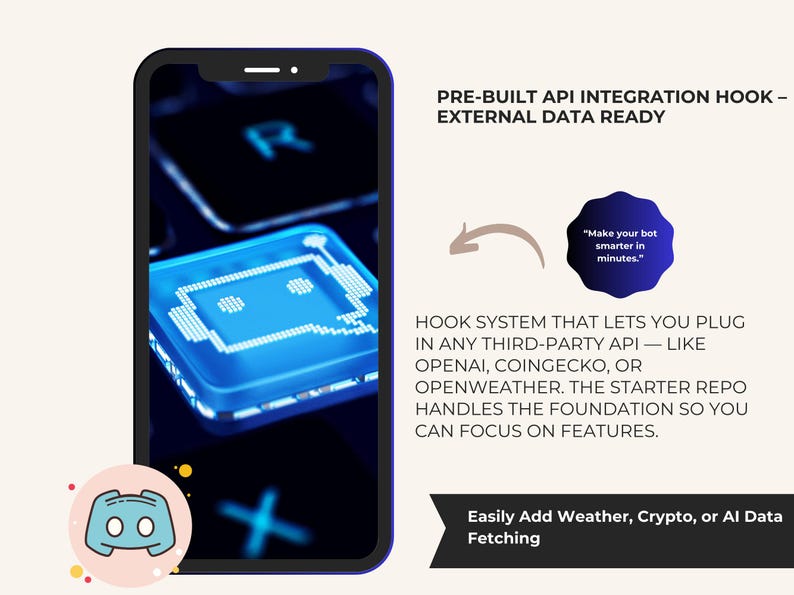 Op de afbeelding: Een smartphone toont een blauwe afbeelding met de tekst "Make your bot smarter in minutes." De afbeelding bevat ook de tekst "PRE-BUILT API INTEGRATION HOOK - EXTERNAL DATA READY" en "Easily Add Weather, Crypto, or AI Data Fetching."