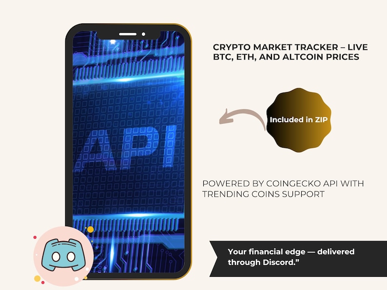 K&ouml;nnte beinhalten: Ein Smartphone zeigt "API" in blauem Neon vor einem Leiterplattenhintergrund. Der Text lautet "CRYPTO MARKET TRACKER - LIVE BTC, ETH, AND ALTCOIN PRICES." Zus&auml;tzlicher Text enth&auml;lt "Powered by CoinGecko API" und "Your financial edge - delivered through Discord."