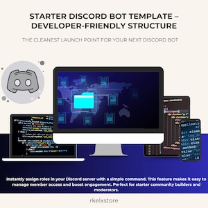 Puede incluir: Imagen promocional para una plantilla de bot de Discord. La imagen presenta una computadora de escritorio, una computadora portátil y dos teléfonos inteligentes que muestran código. El texto dice "STARTER DISCORD BOT TEMPLATE - DEVELOPER-FRIENDLY STRUCTURE". La imagen también incluye el logotipo de Discord.