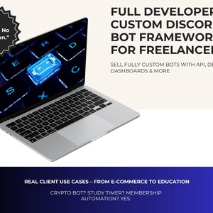 May include: A silver laptop displays a glowing blue icon on the screen. Text on the screen reads "No crashes. No confusion." The image also includes the text "FULL DEVELOPER KIT CUSTOM DISCORD BOT FRAMEWORK FOR FREELANCERS."