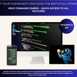 May include: Image showcasing a computer monitor, smartphone, and tablet displaying code and a blue robot character. Text reads "LET YOUR COMMUNITY DISCOVER THE BOT'S FULL POWER" and "HELP COMMAND EMBED - QUICK ACCESS TO ALL FEATURES."