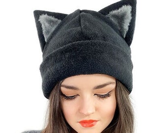 Black grey CAP BEANIE with EARS anime kawaii faux fur