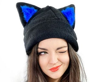 Black Cap with ears cat blue kitty kawaii gothic beanie winter