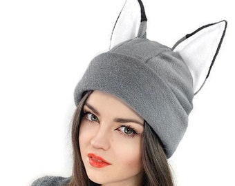 Black Cap with ears WOLF kawaii japan anime nerd grey fox husky